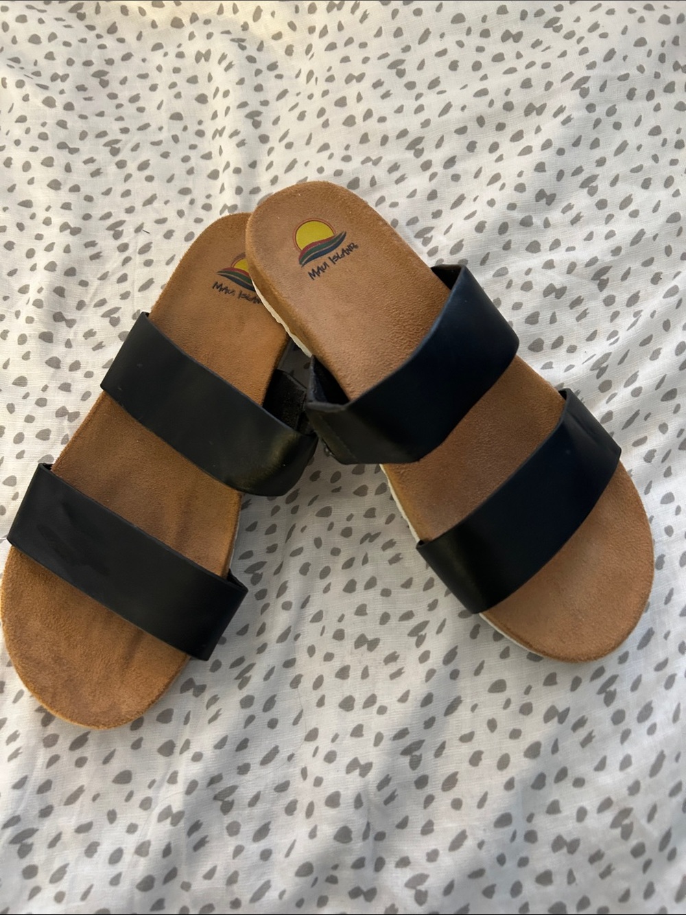 Women’s Black Double-Band Slide Sandals with Suede Footbed
